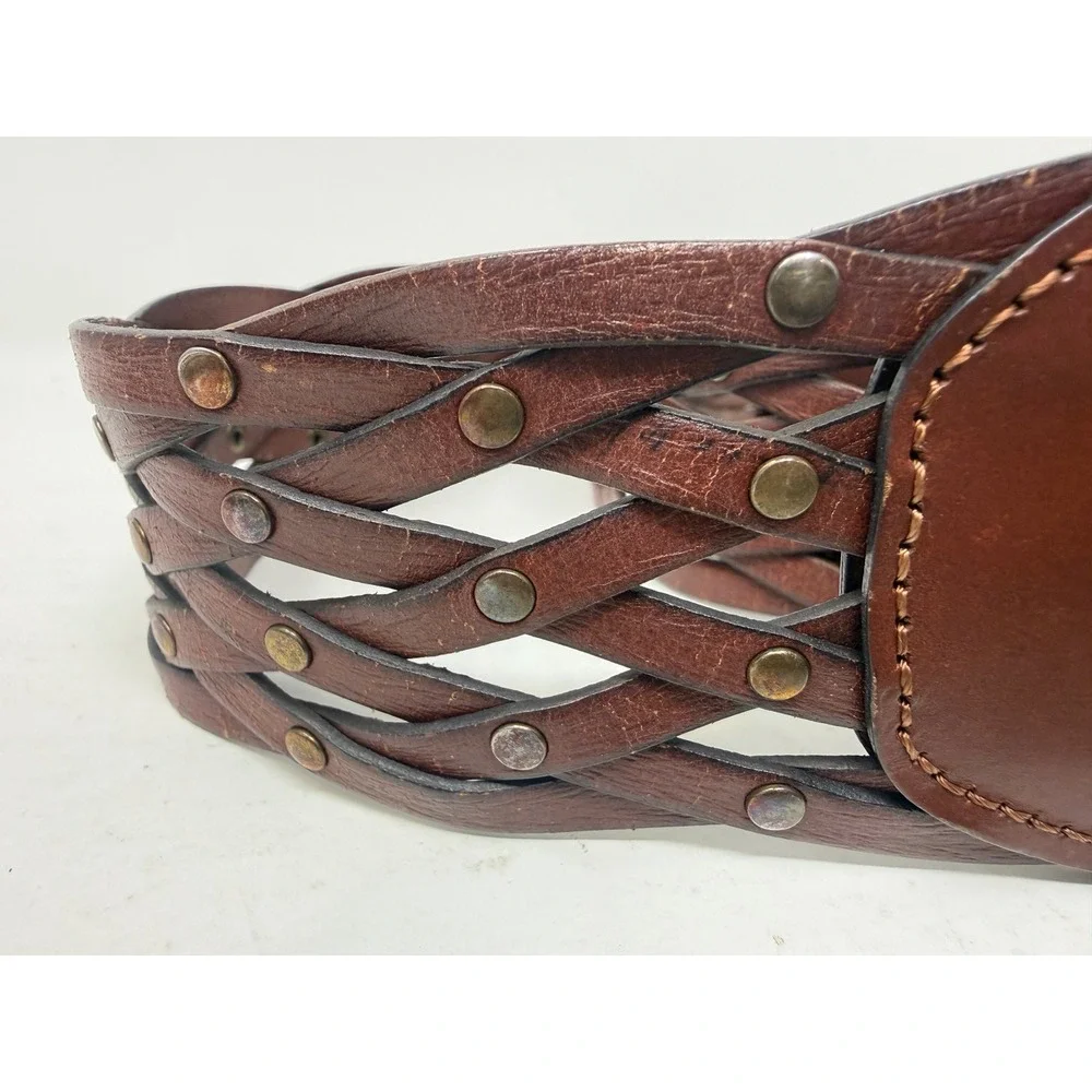 Brown Braided Bonded Leather Studded Wide Waist Belt L/XL 47 Inch